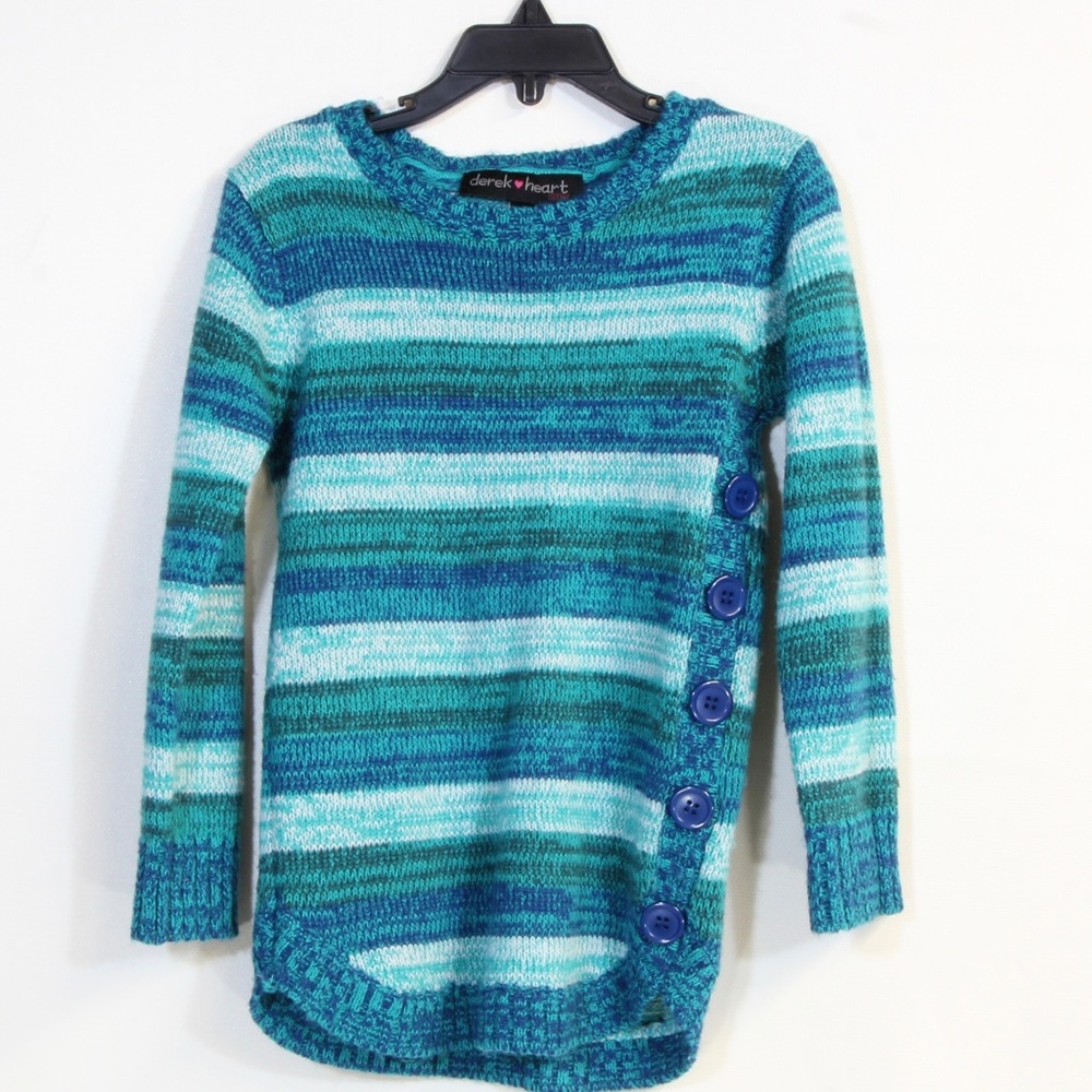 Derek Heart Girls' Blue & Gray Striped Sweater w/ Decorative Side Buttons Size 4